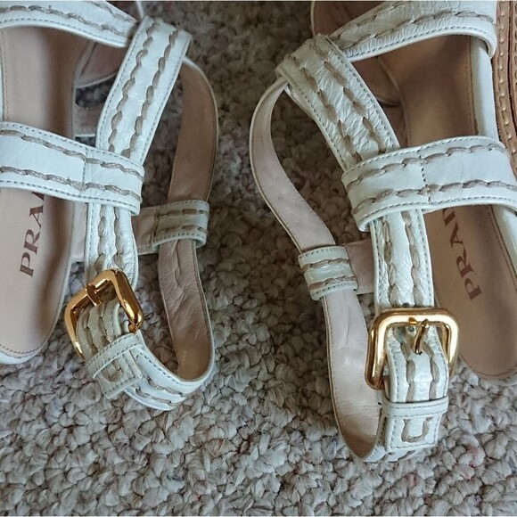 Prada White leather criss cross Wedges Sandals size 36.5 - Picture 11 of 16